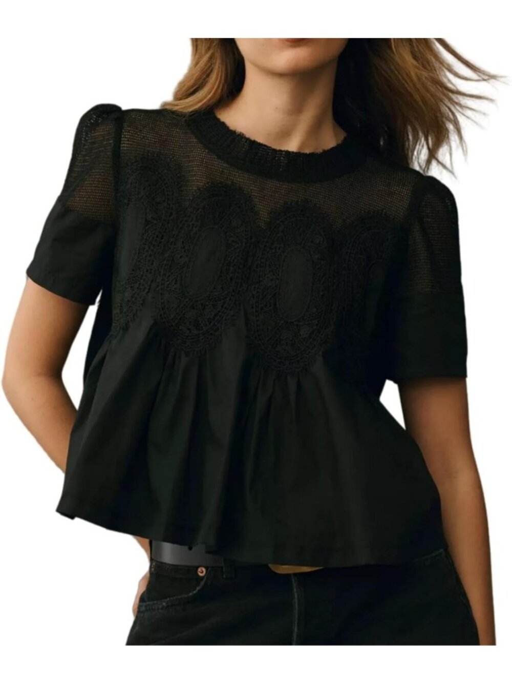 Lace-Detail Flared Blouse | Short Sleeve Crew Neck Swing Top | Elegant Loose Fit